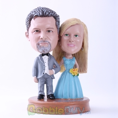 Picture of Gray Suit Groom and Blue Dressed Bride Bobblehead